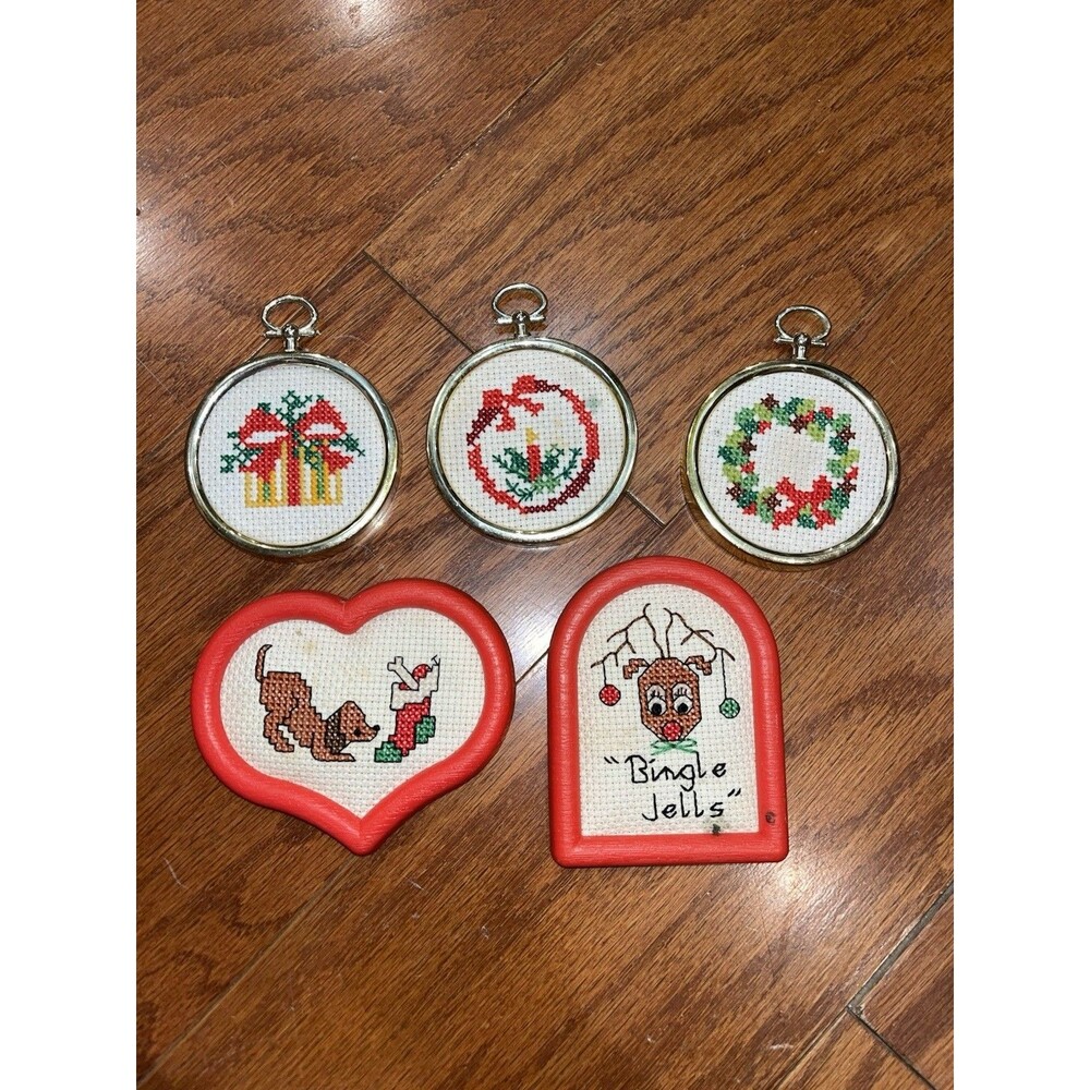Handmade Christmas Ornament Lot Of 5 Framed Cross Stitch Vintage 1980s Mini
